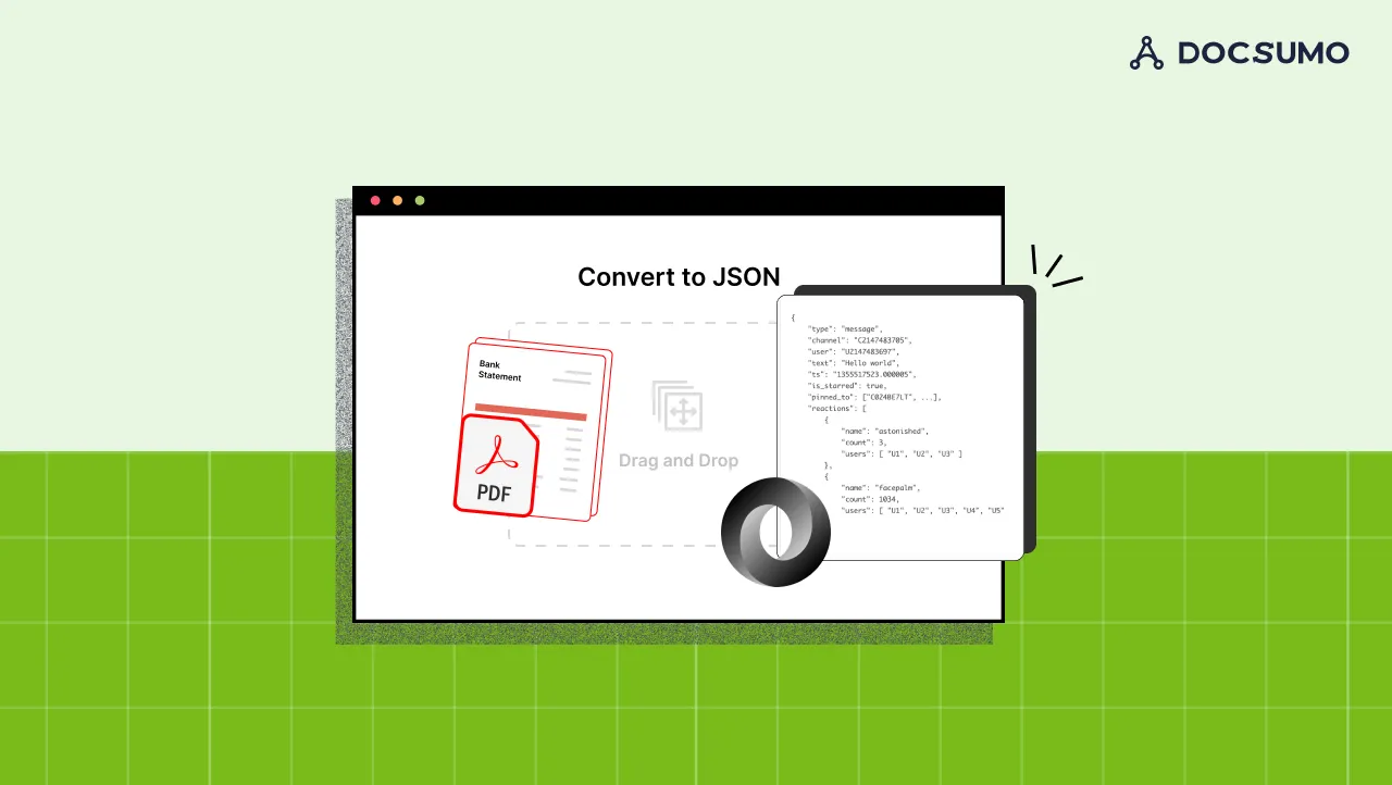 A bank statement PDF being dragged into a "Convert to JSON" window, with JSON output shown alongside