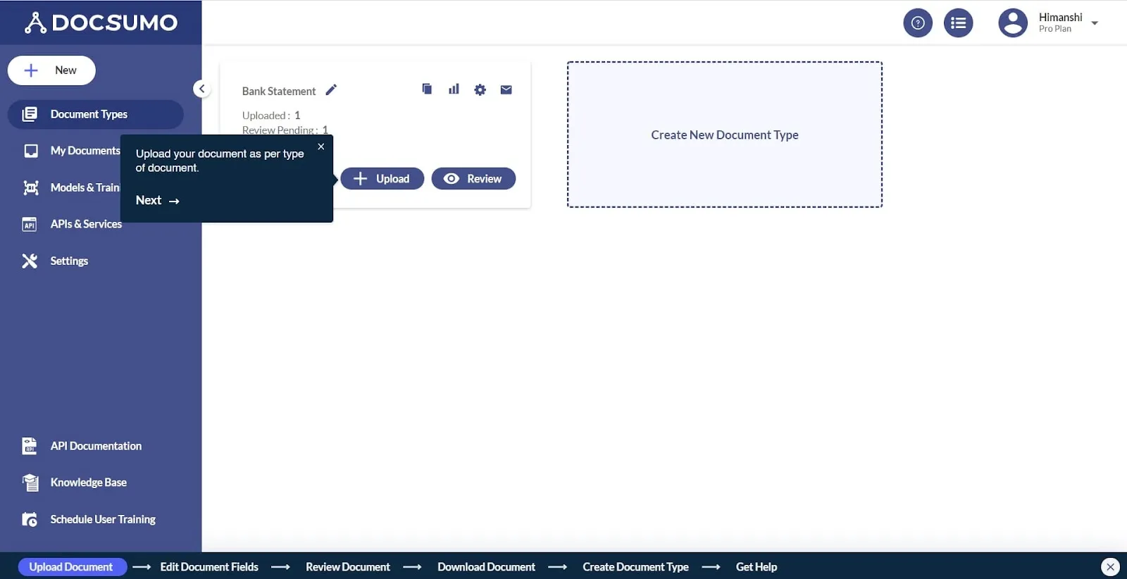 Docsumo document types screen with a Bank Statement type and a tooltip prompting you to upload a document