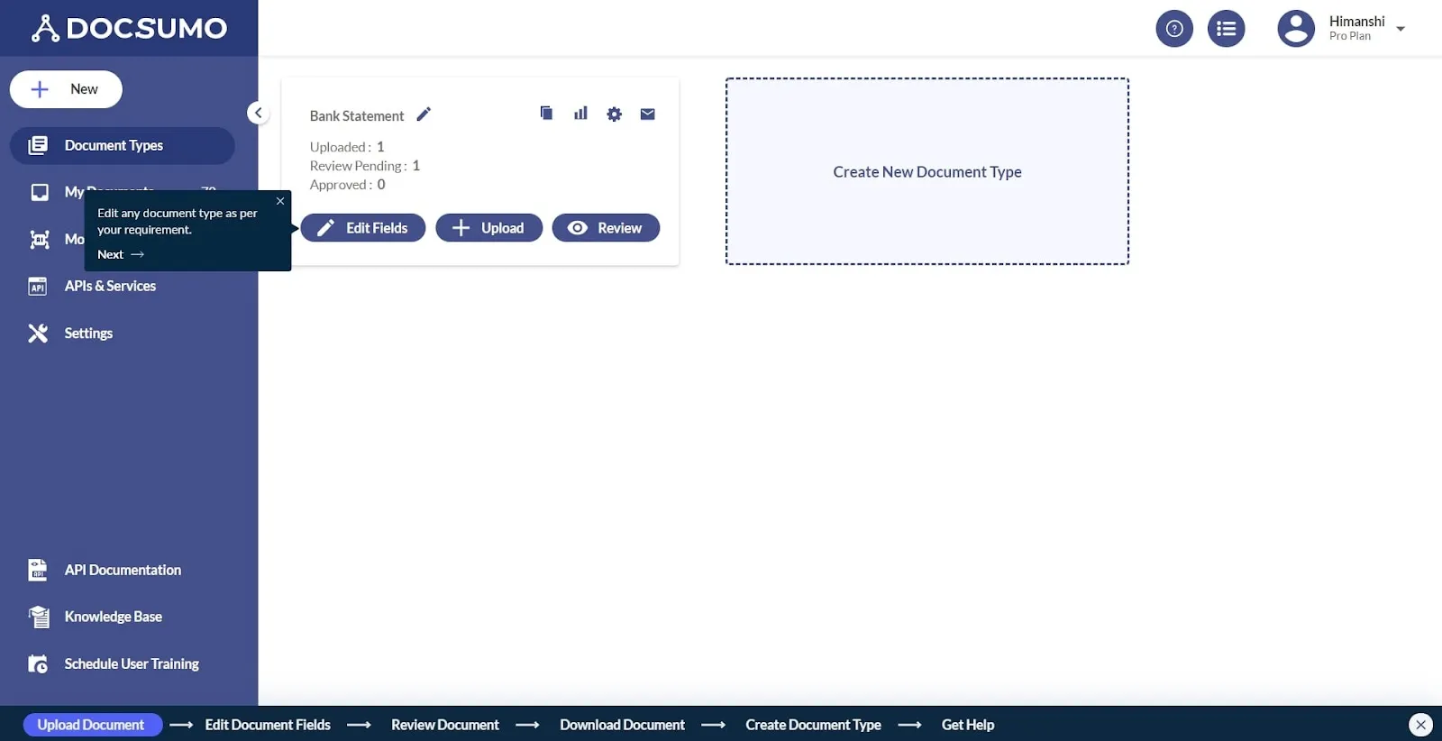 Docsumo document types screen with a tooltip on Edit Fields for the Bank Statement type