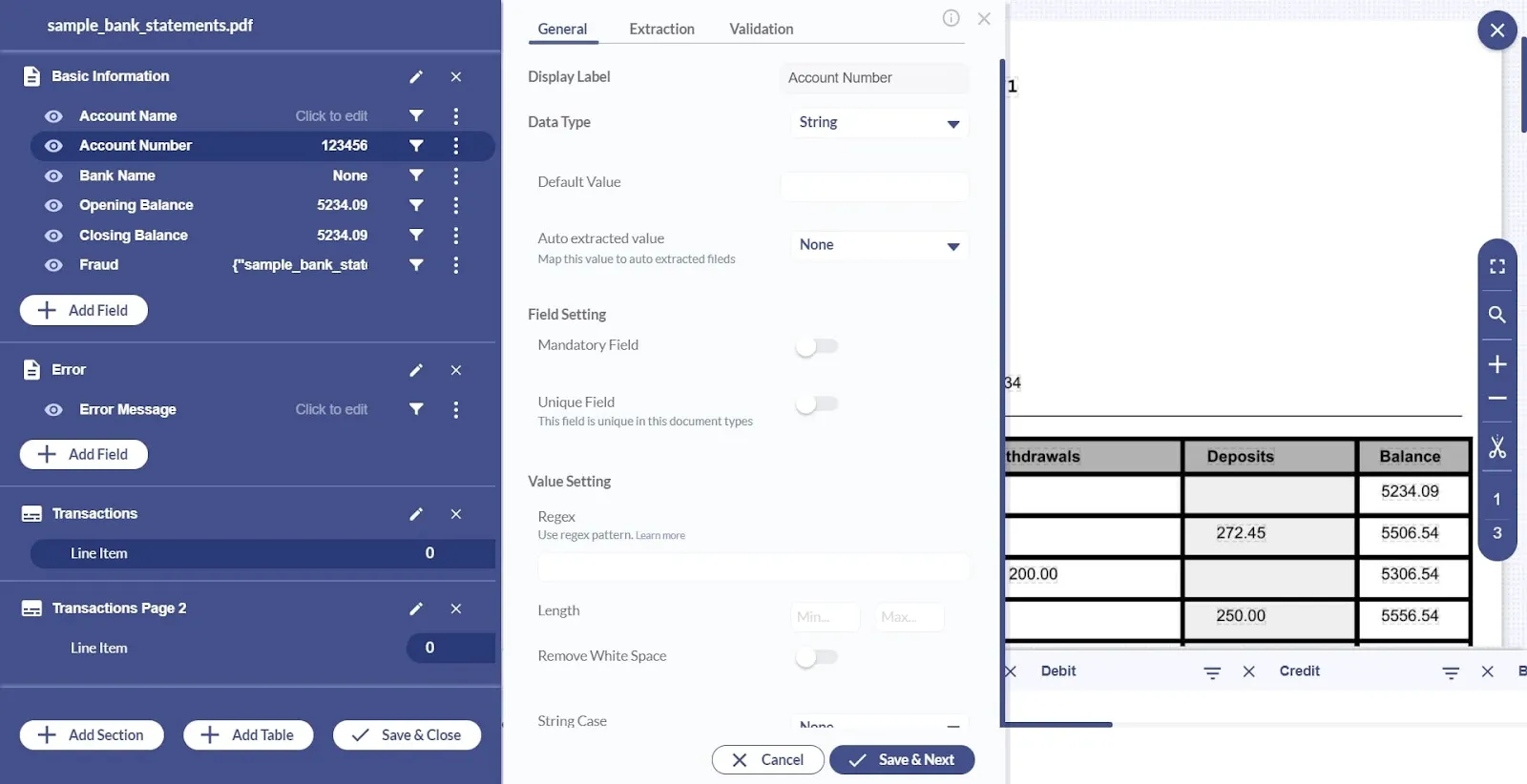 Docsumo field editor for a bank statement, listing account name, account number, bank name, opening and closing balance fields with field settings