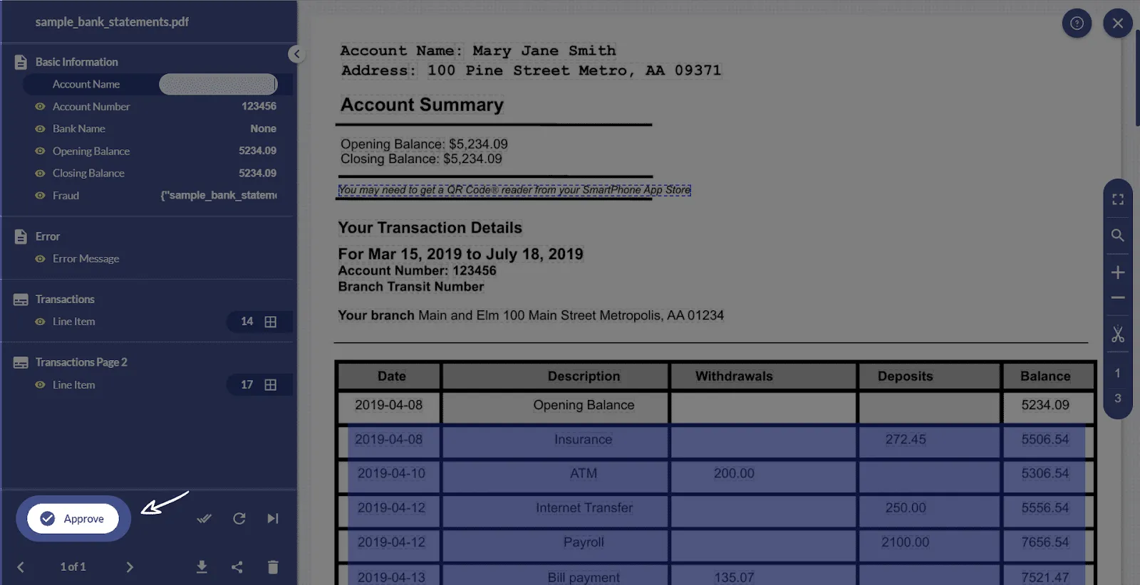 Docsumo review screen showing a sample bank statement with extracted fields and transaction rows, and the Approve button