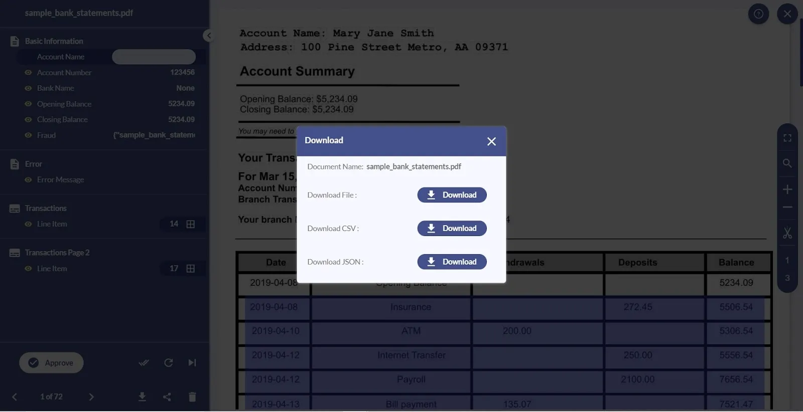 Docsumo download dialog with options to download the file, CSV or JSON for a sample bank statement