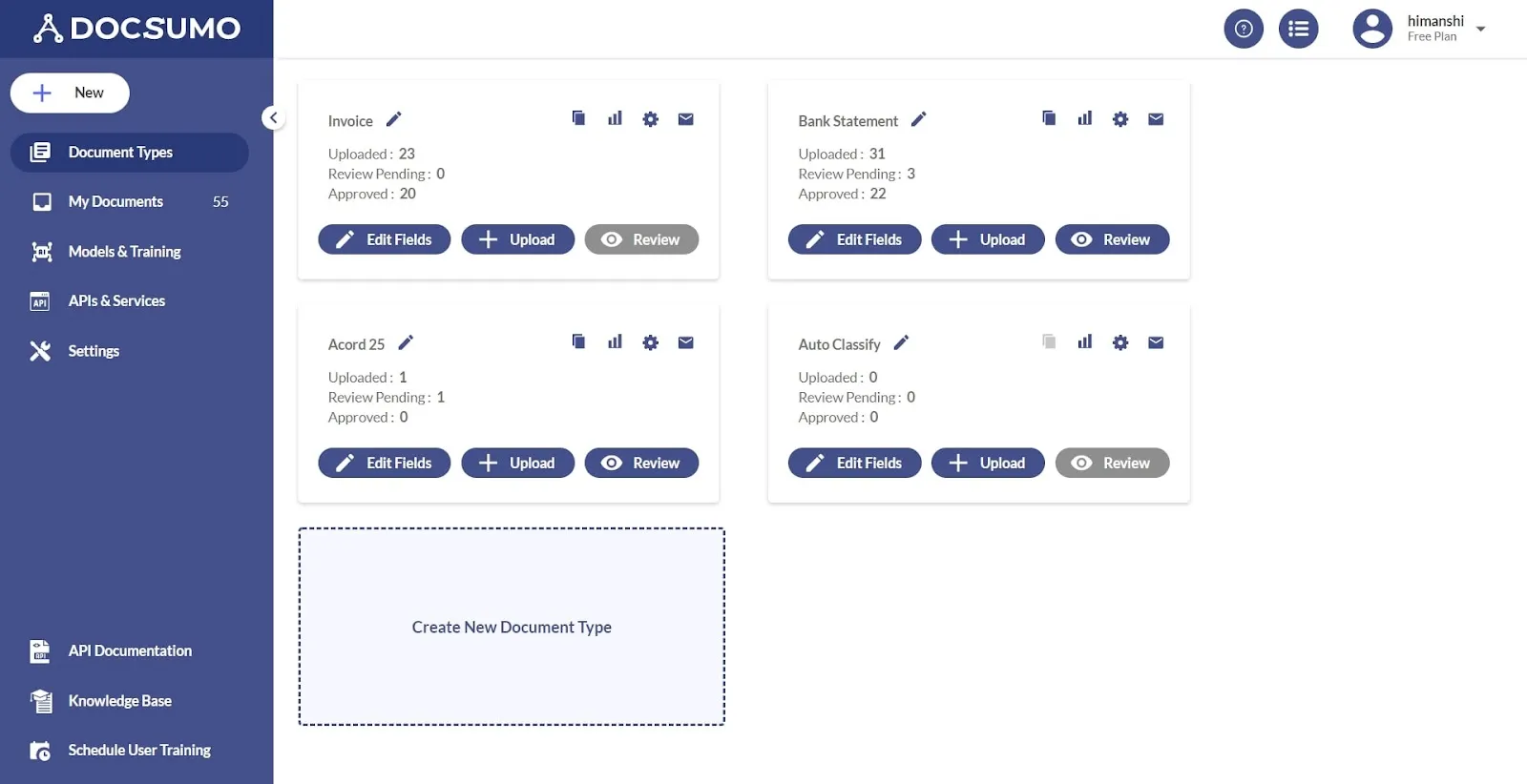 Docsumo document types dashboard showing invoice, bank statement, ACORD 25 and auto-classify document types