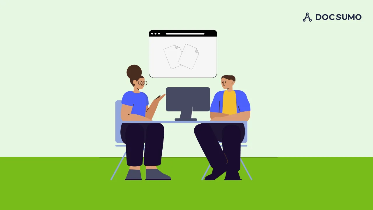Illustration of two people discussing documents at a computer