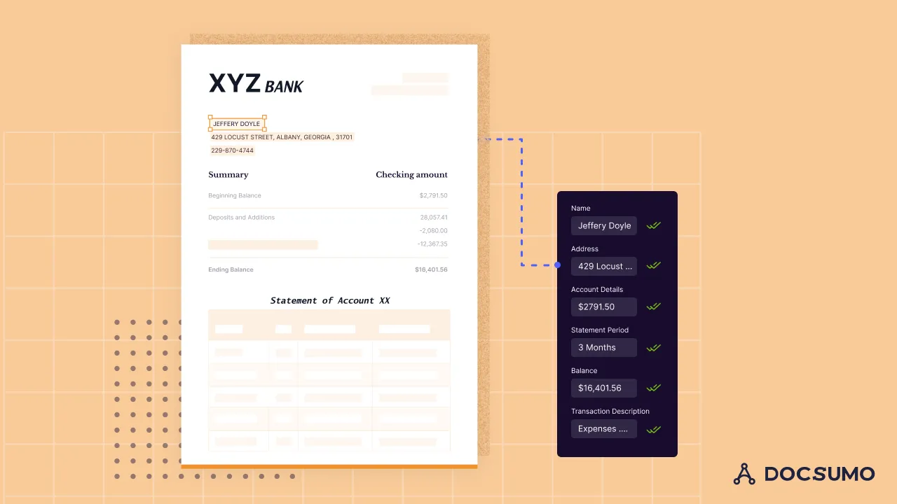 XYZ Bank statement with extracted name, address, account details, statement period, balance and transaction description fields