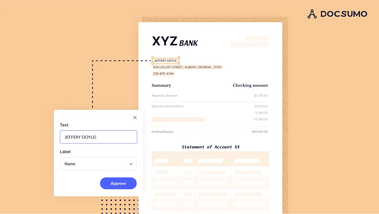 Illustration of an XYZ Bank statement with the account holder name field extracted and labeled