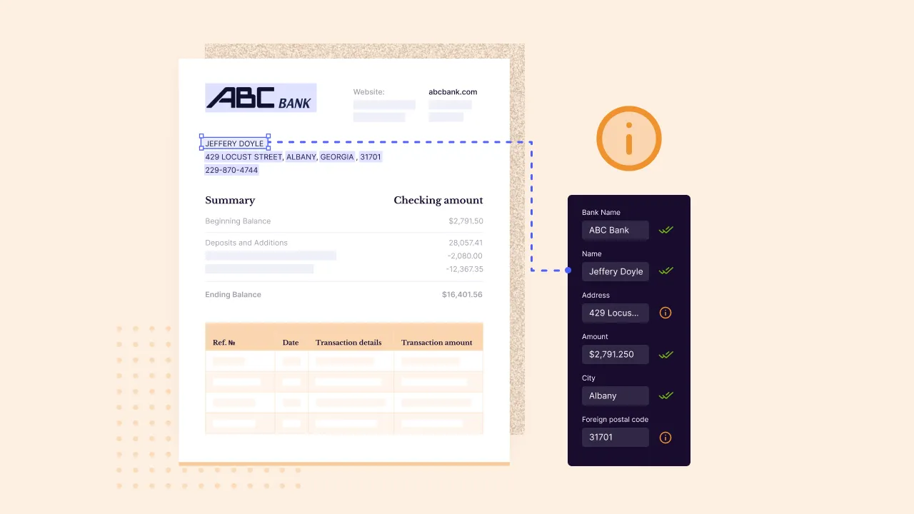 Sample bank statement with the bank name, account holder, address and amount extracted and verified in a side panel