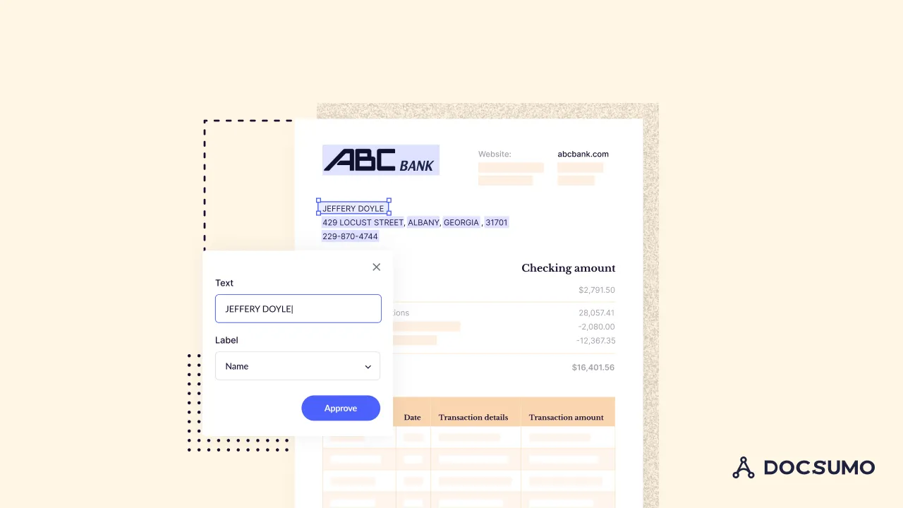 ABC Bank statement with the account holder name selected and labeled for approval