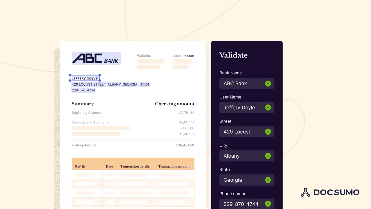 ABC Bank statement next to a validation panel confirming bank name, user name, street, city, state and phone number