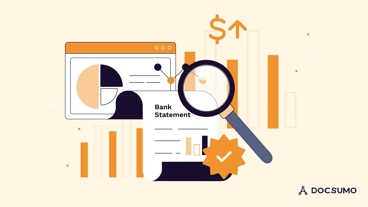 Illustration of a bank statement under a magnifying glass with income charts and a verified badge