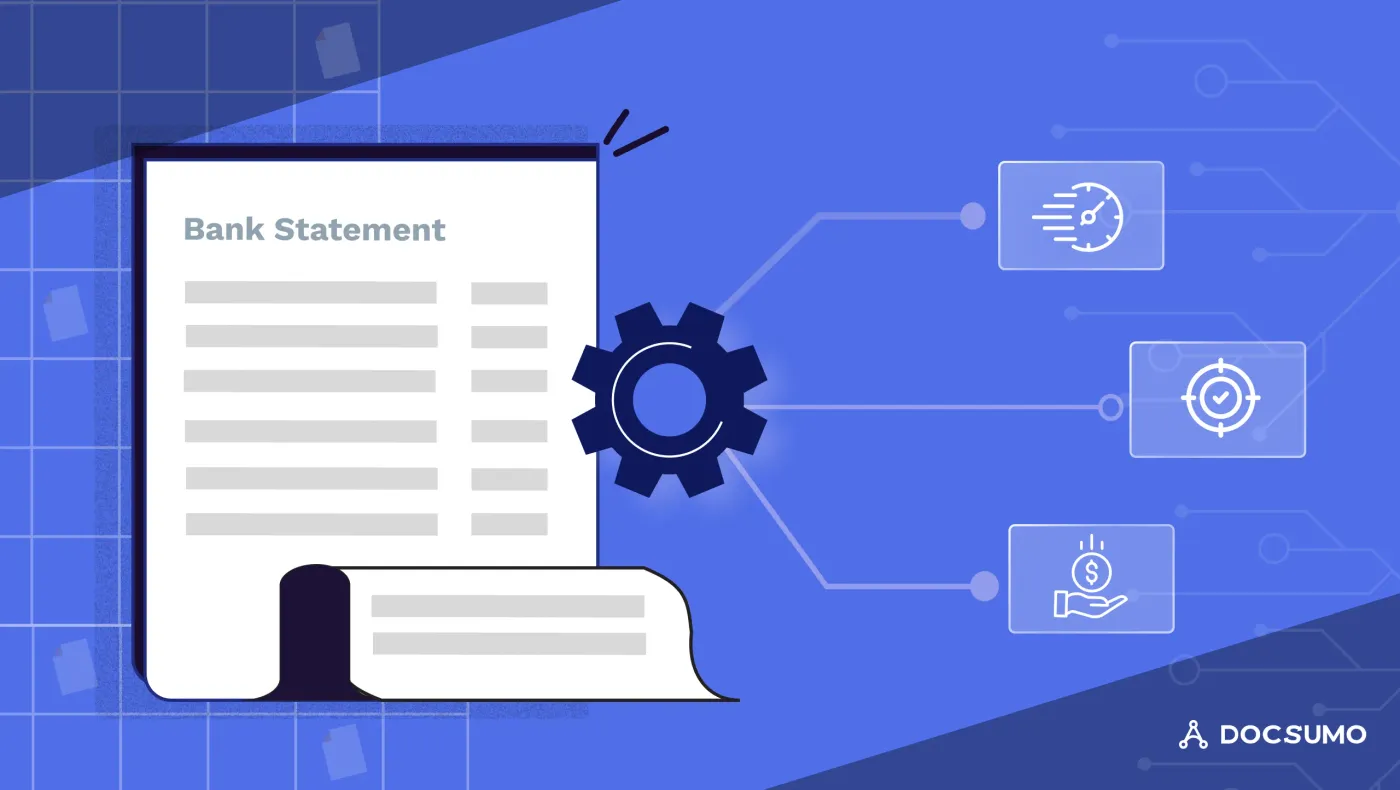 Illustration of a bank statement connected to a gear and icons for speed, accuracy and cost