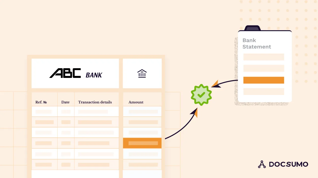 Illustration of a bank statement matched against an ABC Bank transaction ledger with a verified check
