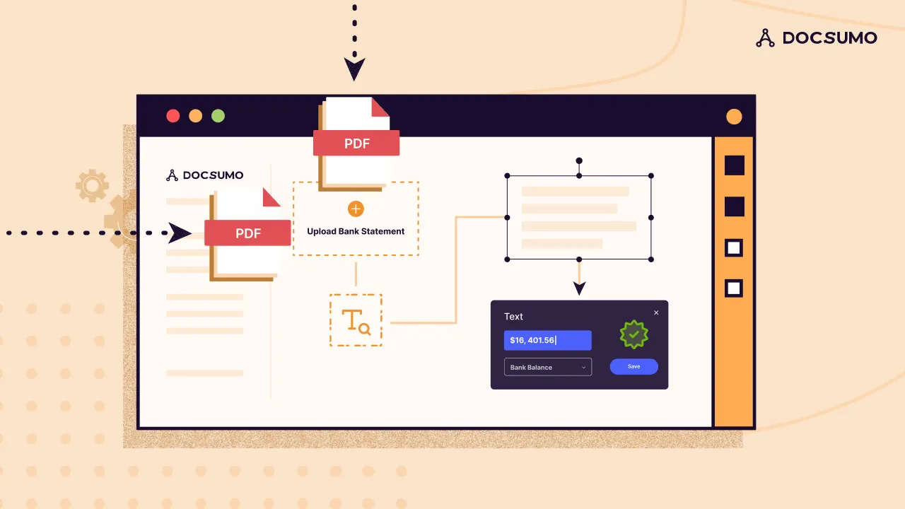 Illustration of a PDF bank statement uploaded to Docsumo with the bank balance field extracted