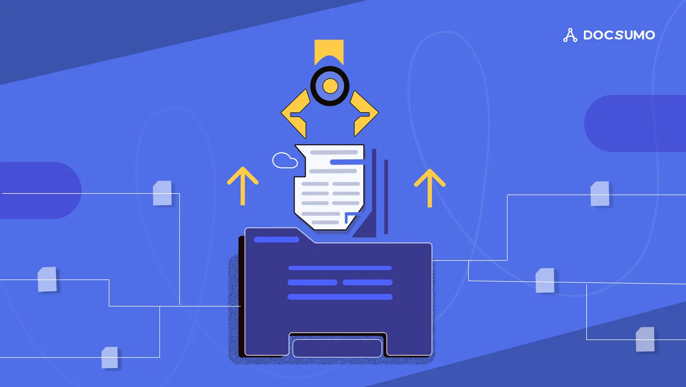 A robotic claw lifting a document out of a folder, with data lines connecting to other files