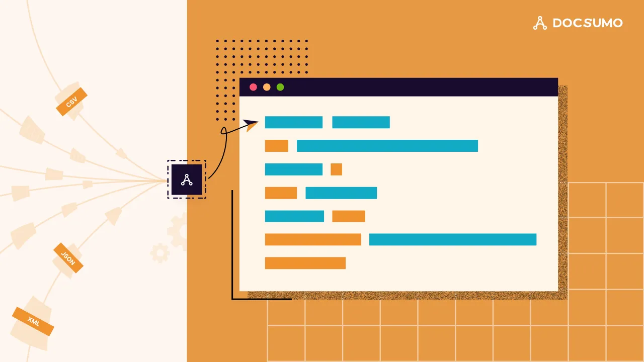 CSV, JSON and XML files flowing through Docsumo into a window of structured, color-coded data rows