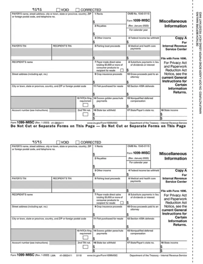 Blank IRS Form 1099-MISC, Miscellaneous Information, Copy A