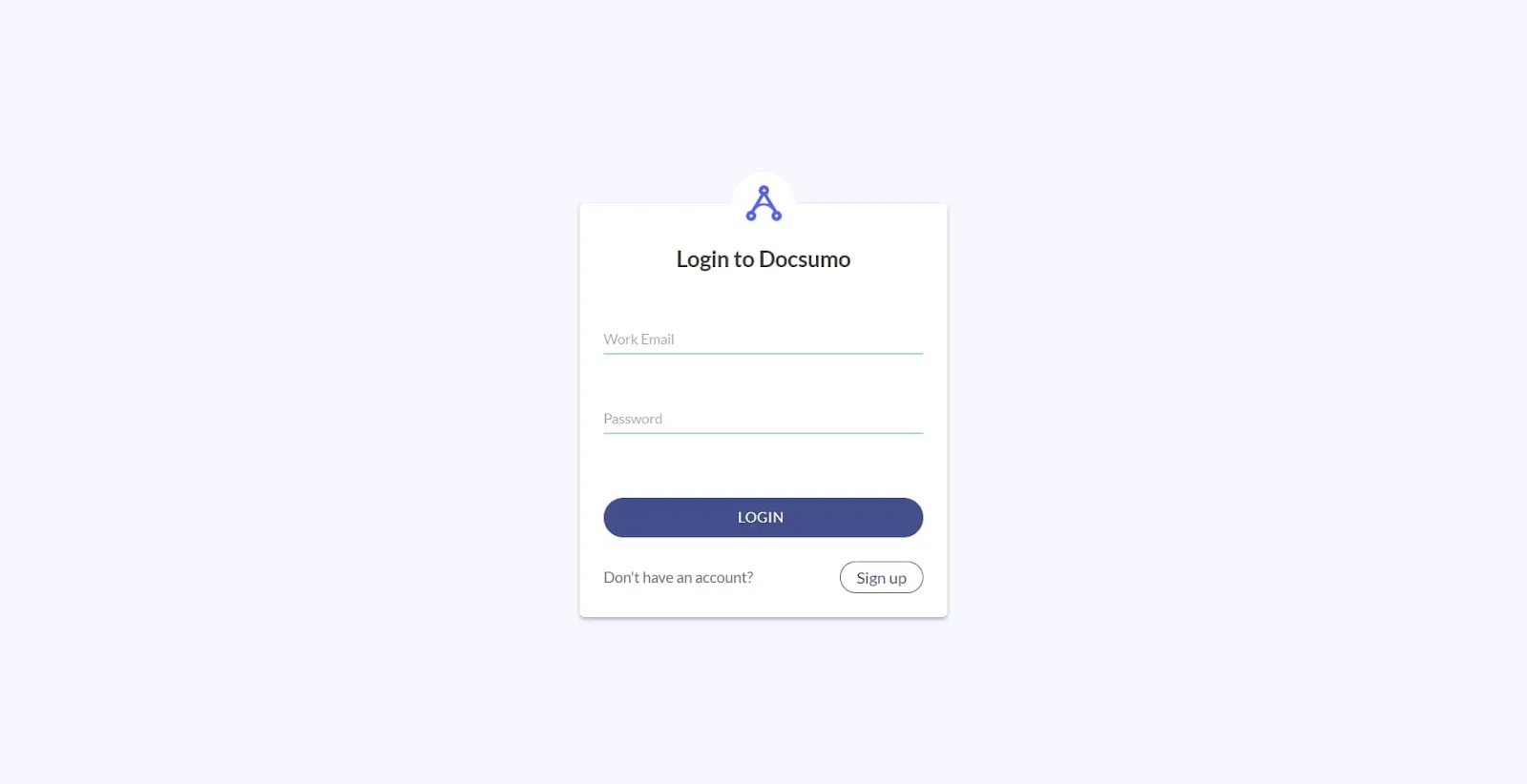 Docsumo login screen with work email and password fields