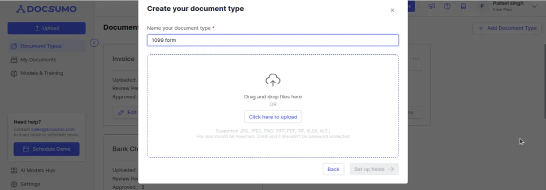 Docsumo dialog to create a document type named 1099 form and upload sample files