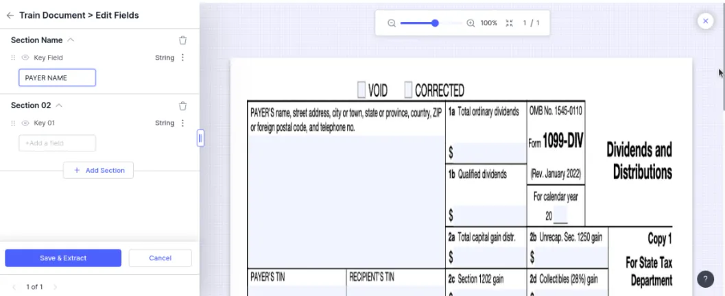 Docsumo field editor next to a Form 1099-DIV, with a key field for the payer name
