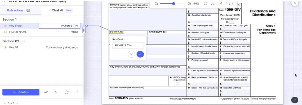 Docsumo review screen with the payer's TIN field on a Form 1099-DIV selected for confirmation