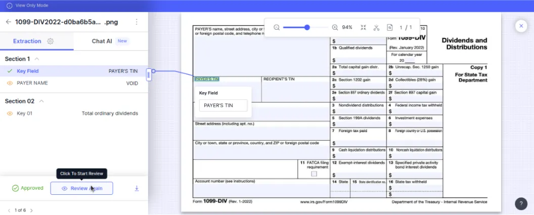 Docsumo review screen showing an approved Form 1099-DIV with the payer's TIN key field