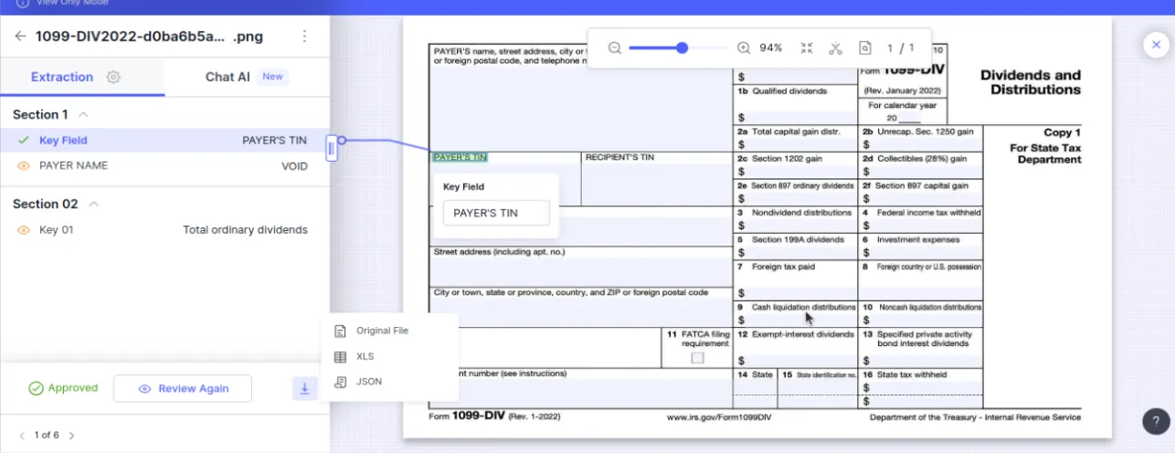 Docsumo download menu for an approved Form 1099-DIV with original file, XLS and JSON options