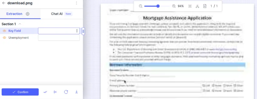 Docsumo review screen with extraction fields on the left and a mortgage assistance application on the right