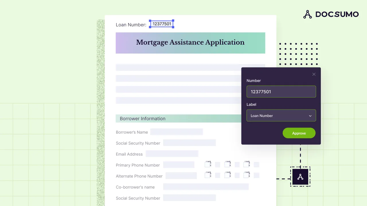 A mortgage assistance application with the loan number highlighted and a Docsumo panel labelling it Loan Number