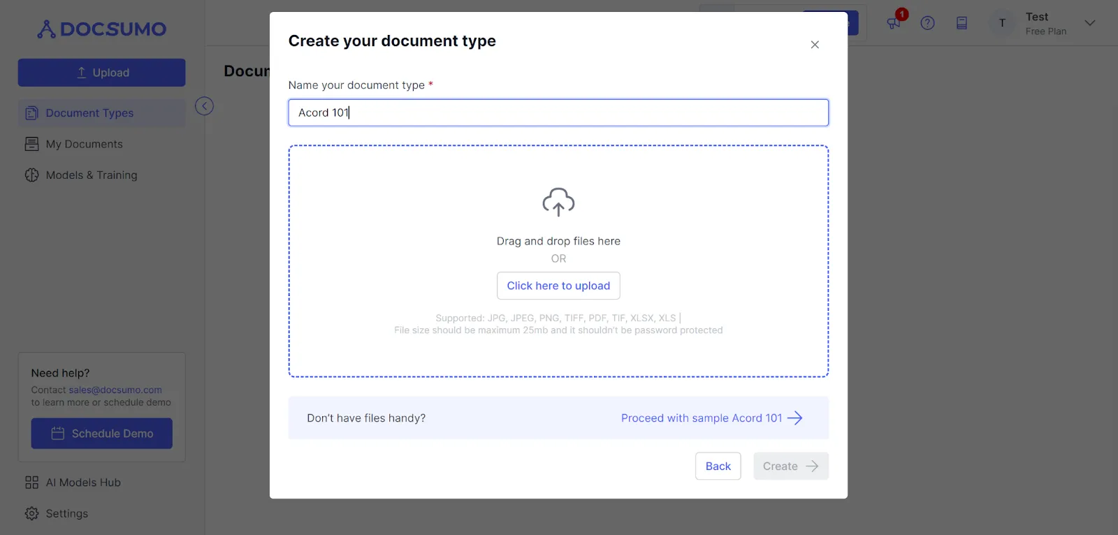 Create your document type dialog in Docsumo with Acord 101 entered as the name
