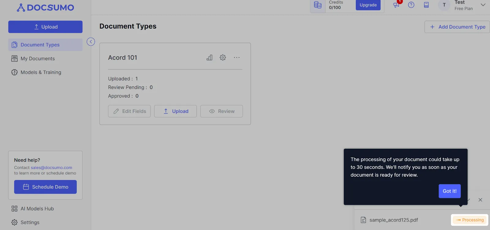 Docsumo Document Types screen showing an Acord 101 document type and a processing notice