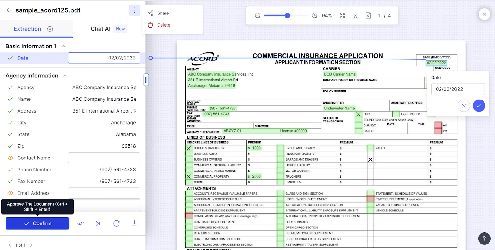 Sample ACORD commercial insurance application with extracted agency fields shown in the Docsumo review panel
