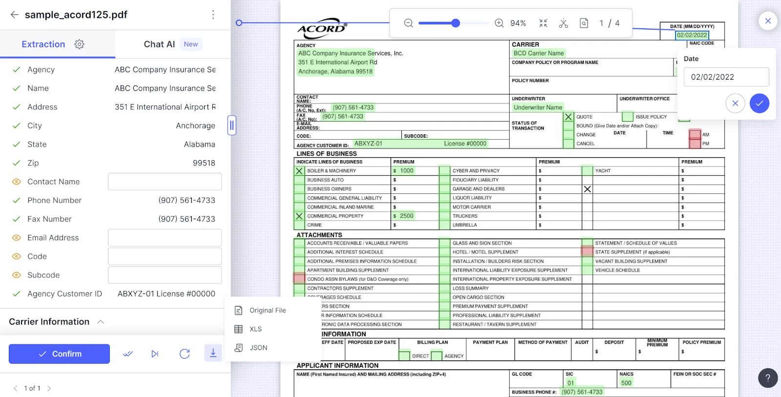Extracted ACORD form fields in Docsumo with the download menu for original file, XLS and JSON