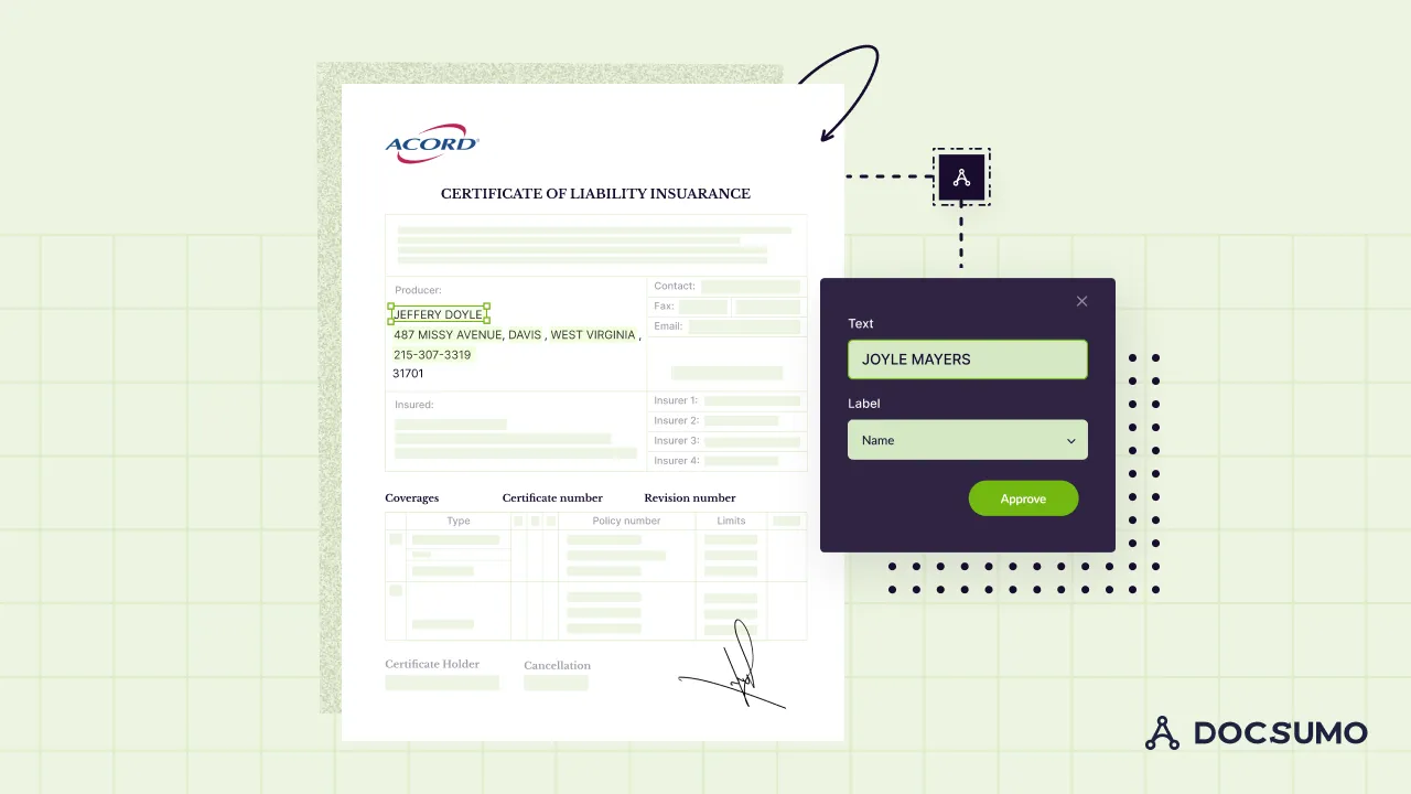 ACORD certificate of liability insurance with the insured name extracted and labeled in Docsumo
