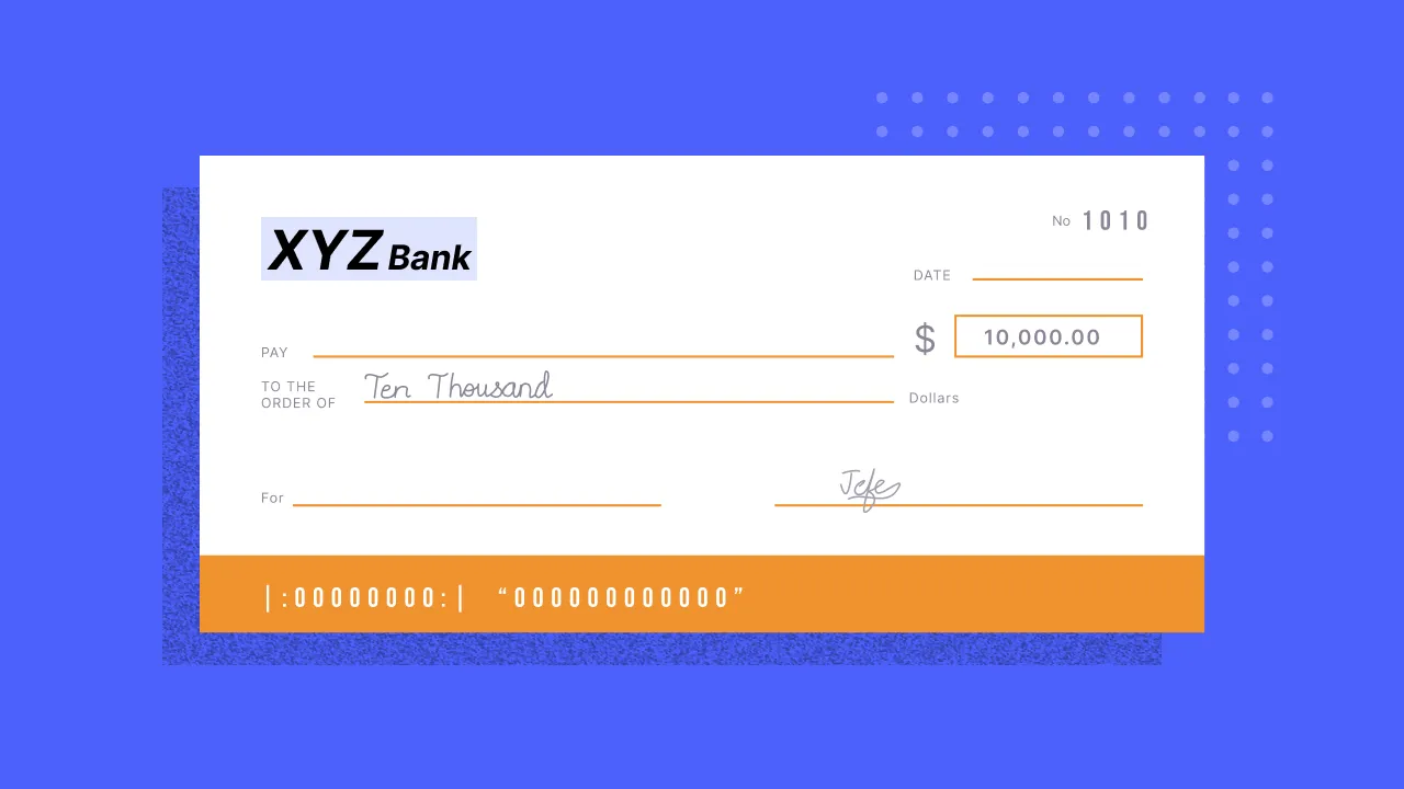 Sample bank check from XYZ Bank for $10,000