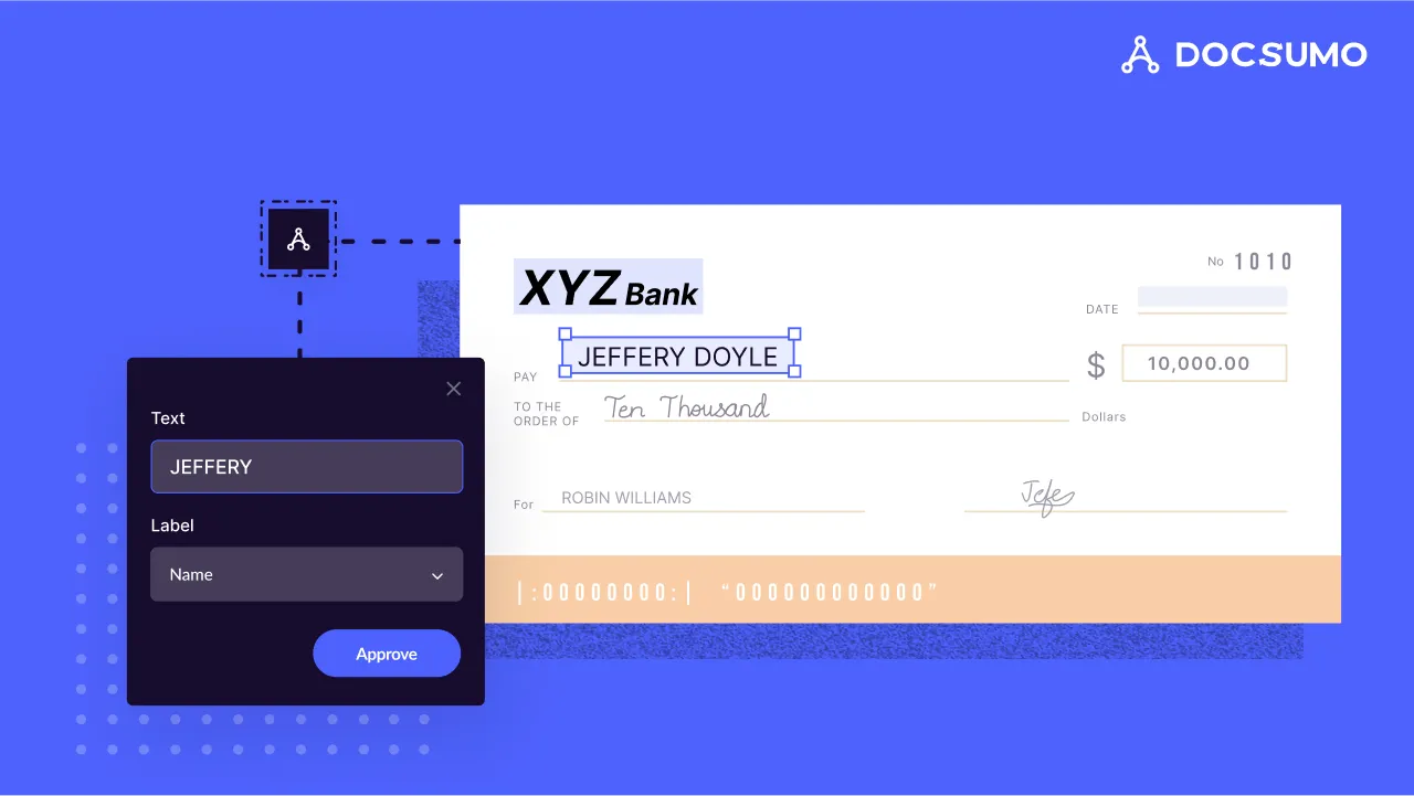 Bank check with the payee name extracted and labeled in Docsumo
