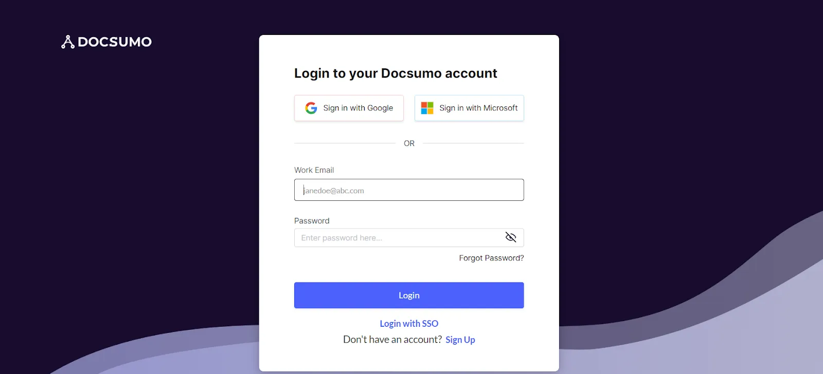Docsumo login screen with Google, Microsoft and SSO sign-in options