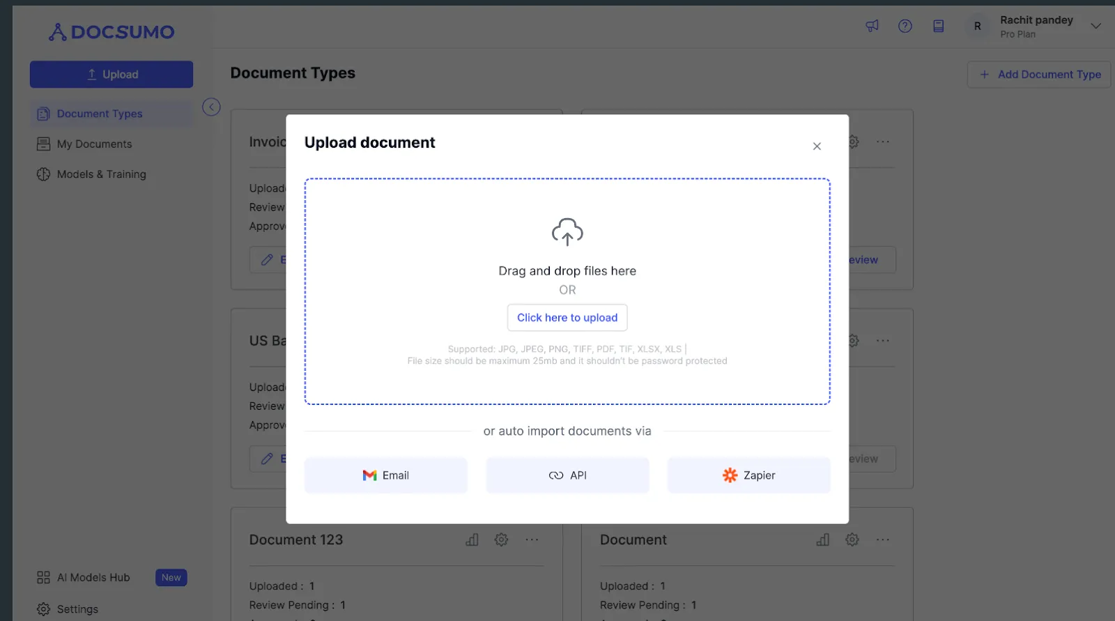 Docsumo upload dialog with drag-and-drop upload and import by email, API or Zapier