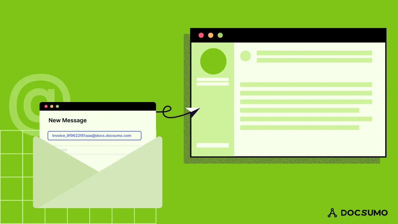 Illustration of an email with an invoice attachment forwarded to a data extraction inbox