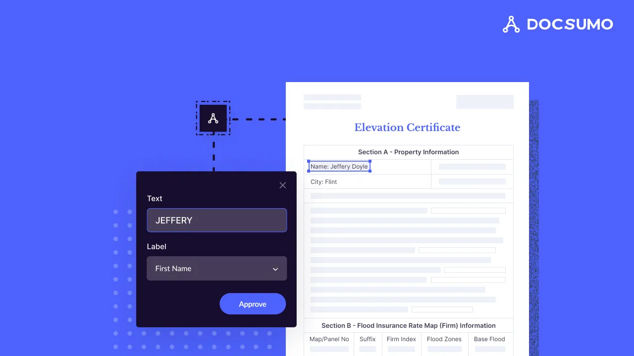 An elevation certificate with the property owner name highlighted and a Docsumo panel labelling it First Name