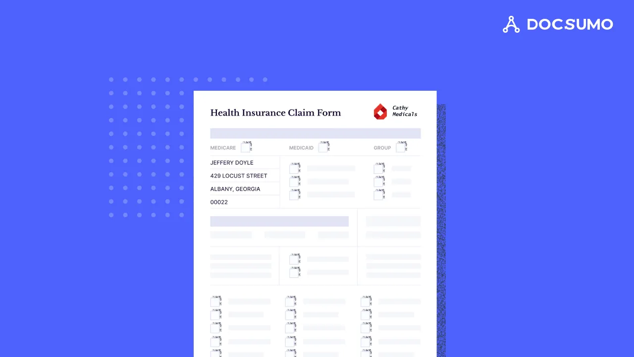 Sample health insurance claim form with patient name and address fields