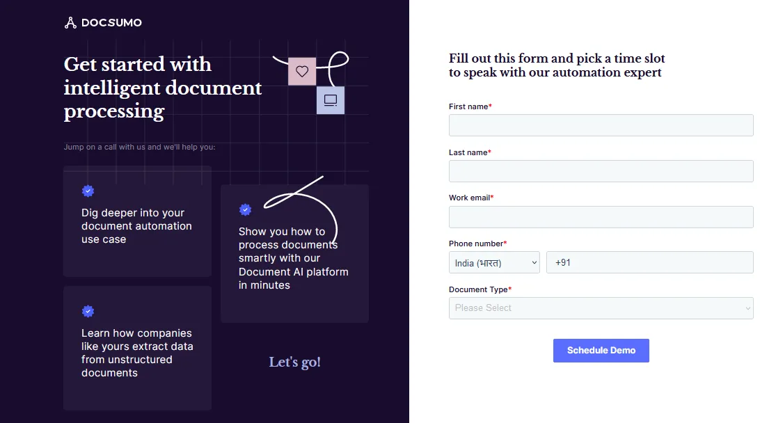 Docsumo demo request form to schedule a call with an automation expert