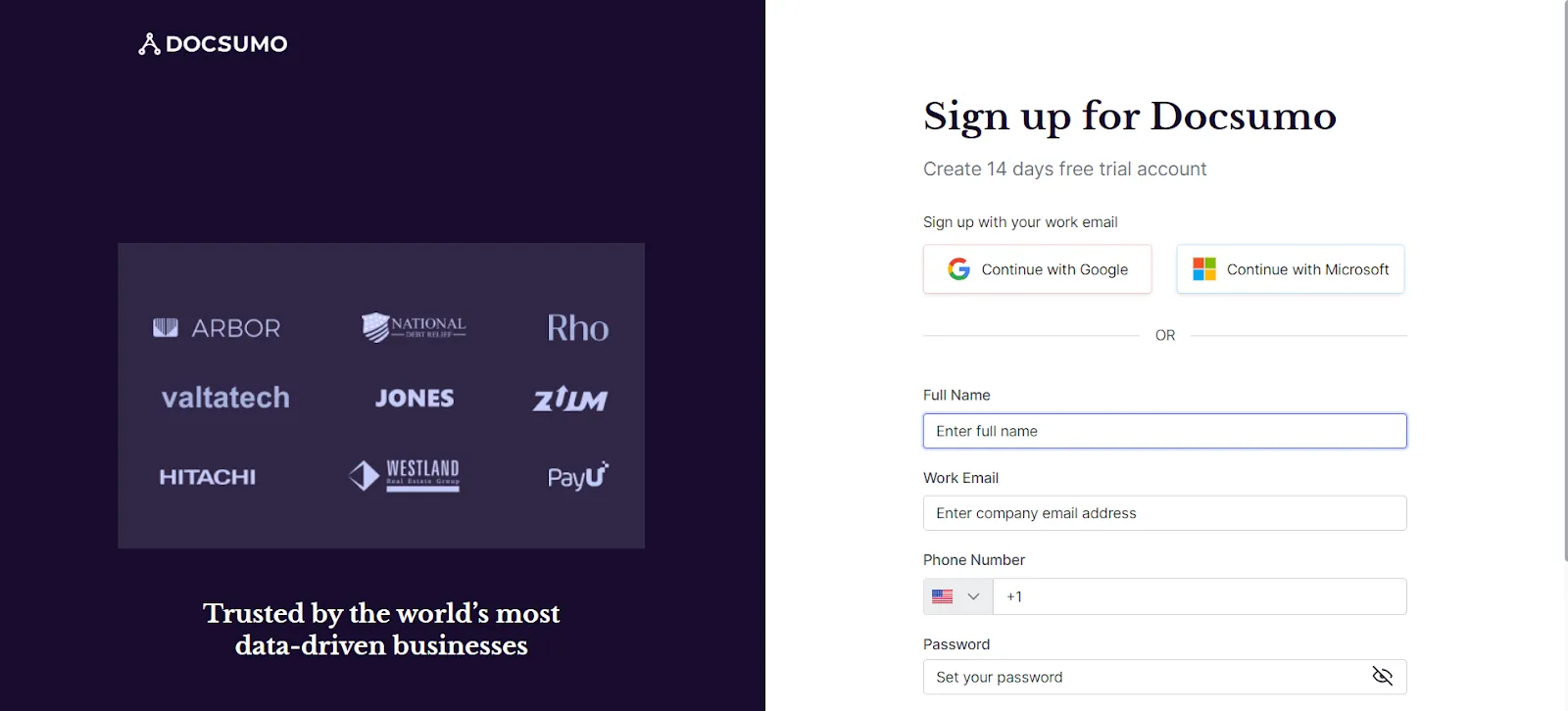 Docsumo sign-up page for a 14-day free trial account