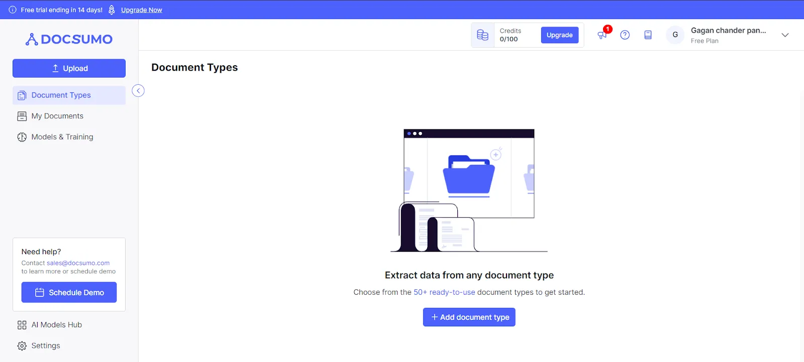 Empty Docsumo document types screen with a button to add a document type