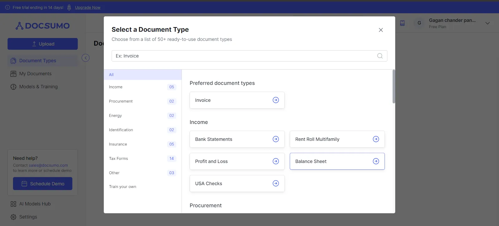 Docsumo dialog to select a document type, with categories such as income, procurement, identification, insurance and tax forms