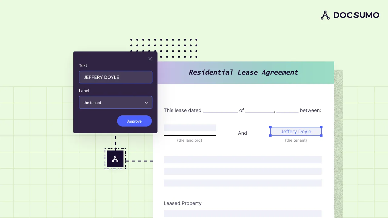 Residential lease agreement with the tenant name extracted and labeled in Docsumo