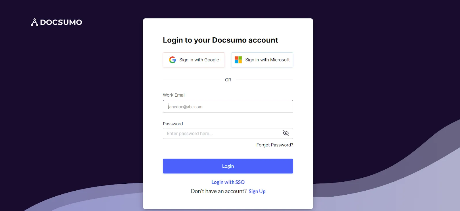 Docsumo login screen with Google, Microsoft and SSO sign-in options