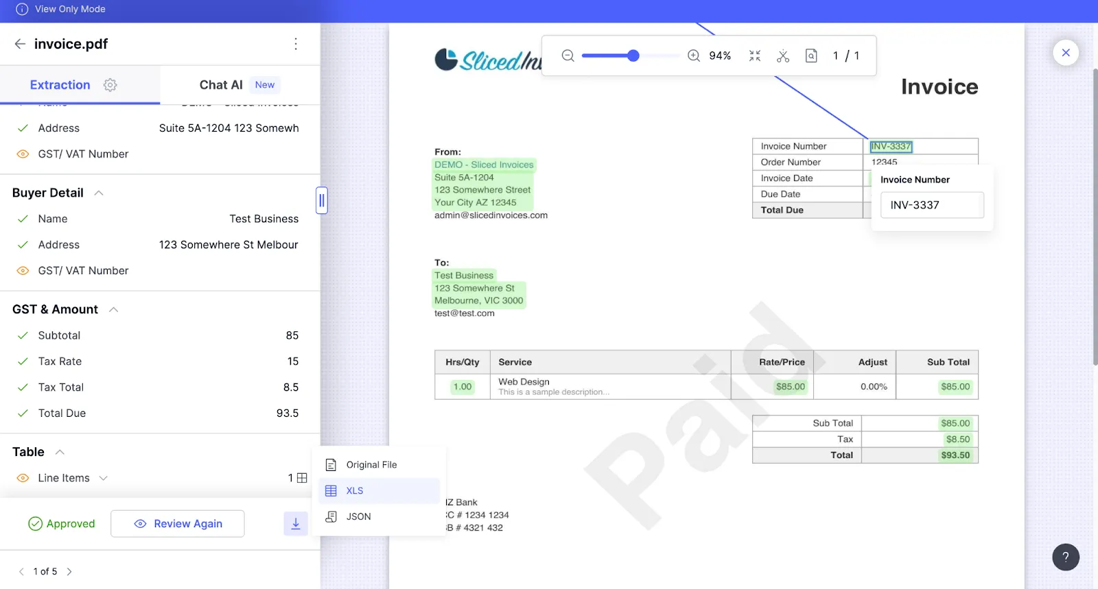 Invoice extracted in Docsumo with buyer, tax and total fields shown and a download menu for original file, XLS and JSON
