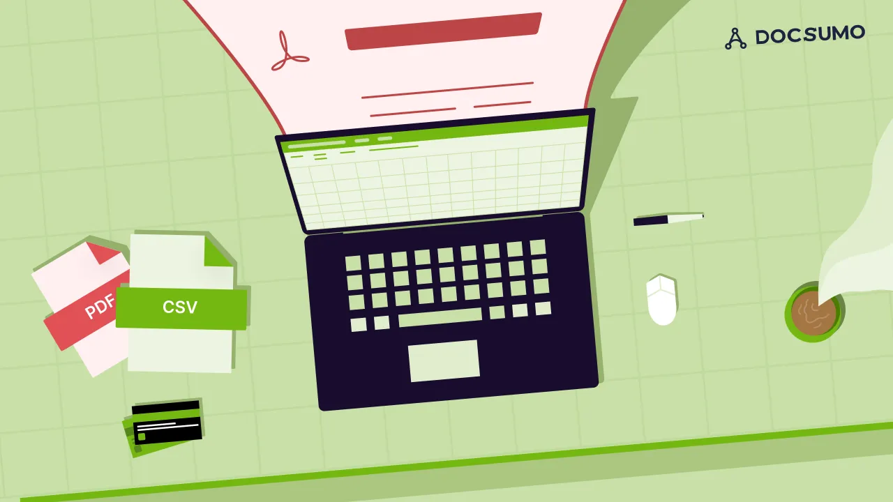 Illustration of PDF and CSV files beside a laptop showing a spreadsheet