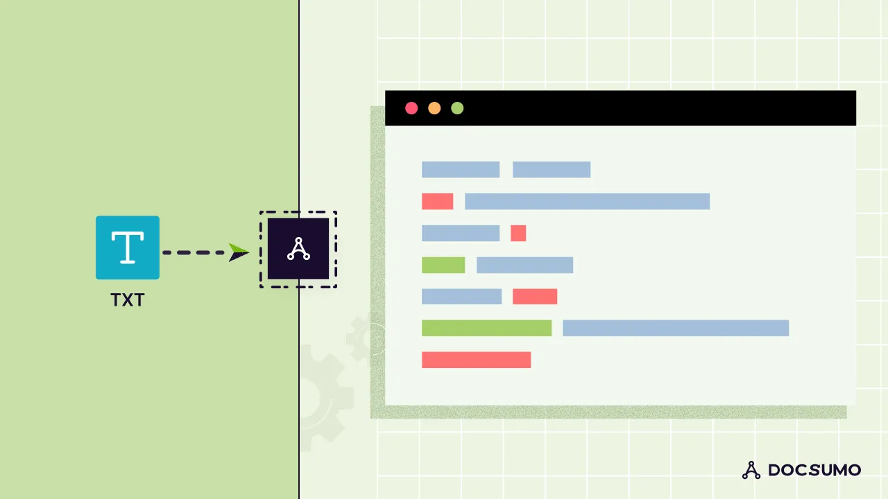Illustration of a TXT file passing through Docsumo and coming out as structured, color-coded rows in a window