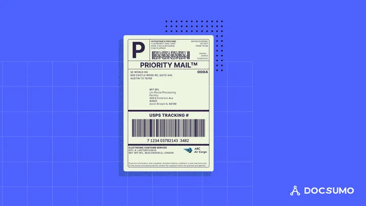 Sample USPS Priority Mail shipping label with sender and recipient addresses and a tracking barcode